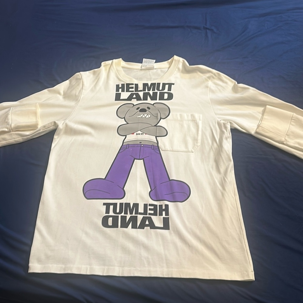 Helmut lang long sleeve t-shirt size xl, color: purple, black, and white.